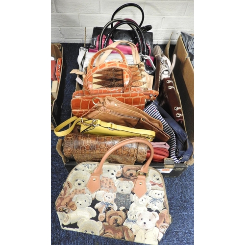22 - Box of assorted handbags including a Royaltex teddy bear stitched handbag