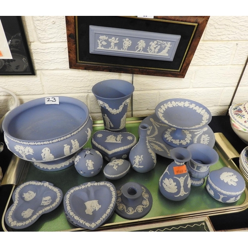 23 - Wedgwood blue jasper wares including footed bowl, vase, tazza, wall plaque etc. (1 tray)