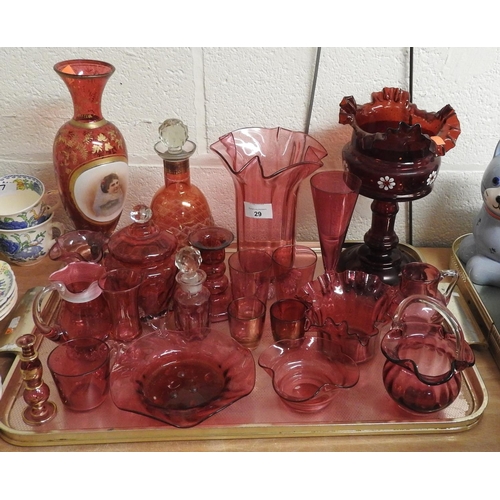 29 - Cranberry and other glassware including Bohemian portrait pedestal vase (repaired), decanter, furthe... 