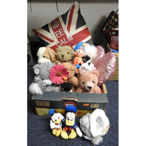 32 - Box of cuddly toys, cushion and a vintage hard rubber Noddy character