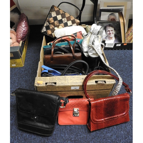 35 - Collection of handbags; also a pair of silver evening shoes (1 box)