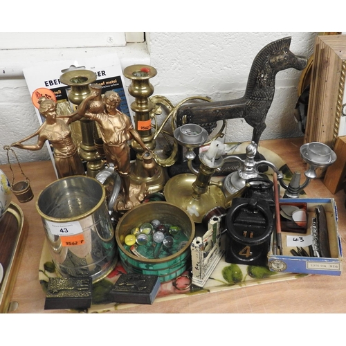 43 - Assorted metal wares including a pair of gilt painted spelter figures, pair of candlesticks, Chinese... 