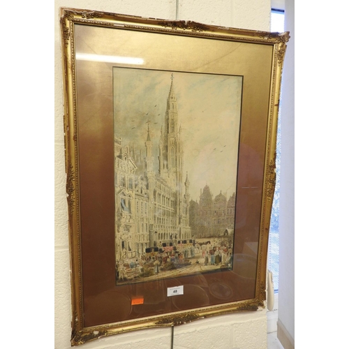 48 - Attributed to S. Prout, Antwerp Cathedral, watercolour, unsigned, framed, 46cm x 28cm