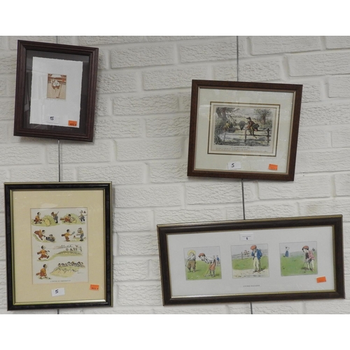 5 - Three framed humorous golfing prints and a further humorous coloured etching of trout fishing, frame... 