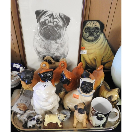 57 - Assorted pug dog china and stoneware figures, Staffordshire and continental; also a MJ Sibley signed... 