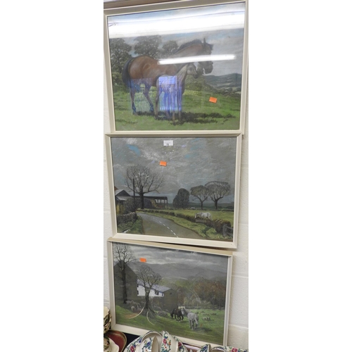 72 - Three pastel equine themed drawings, framed