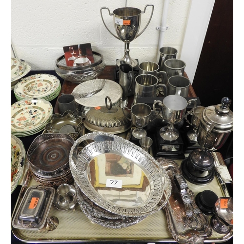 77 - Assorted silver plated wares including pierced twin handled fruit bowl, salvers, placemats, rimmed f... 