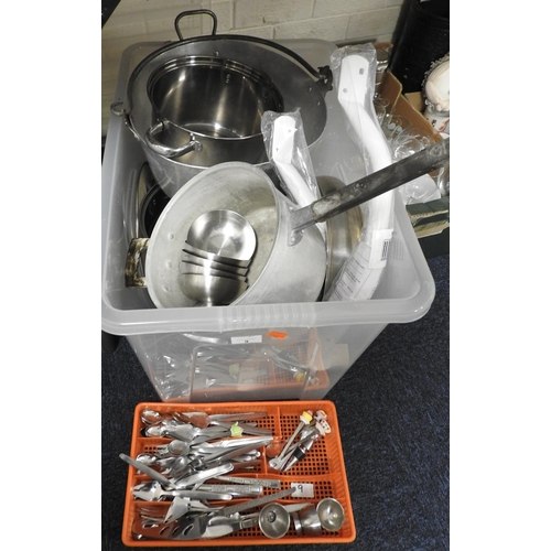 9 - Household items including pots, pans and stainless cutlery etc. (1 tray, 1 box)