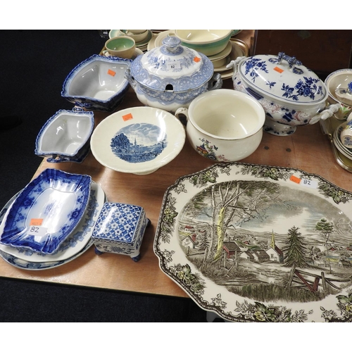 82 - Blue and white lace pattern twin handled soup tureen and a further tureen with mis-matched lid, prin... 