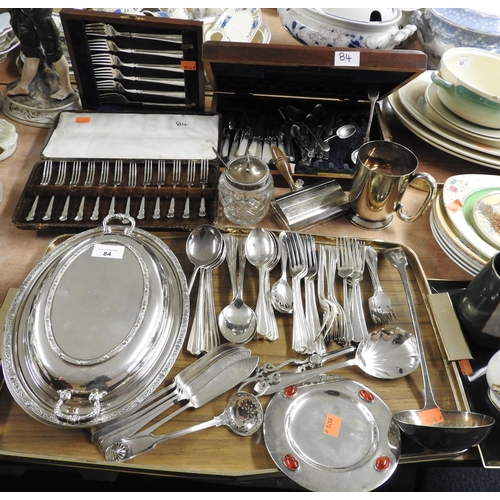 84 - Silver plated wares including tureen, Arts & Crafts side plate, tankard, crumb catcher, cased fish e... 