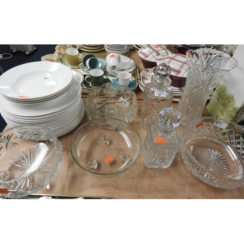 87 - Royal Worcester Serendipity white dinner wares; also two decanters, crystal vase, fruit bowls etc.