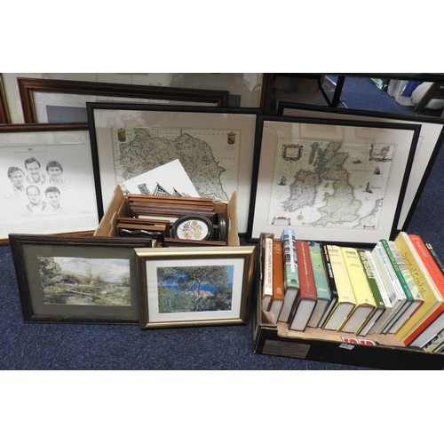 89 - Framed maps, framed cricketing themed prints, cricket books and mixed quantity of prints and frames