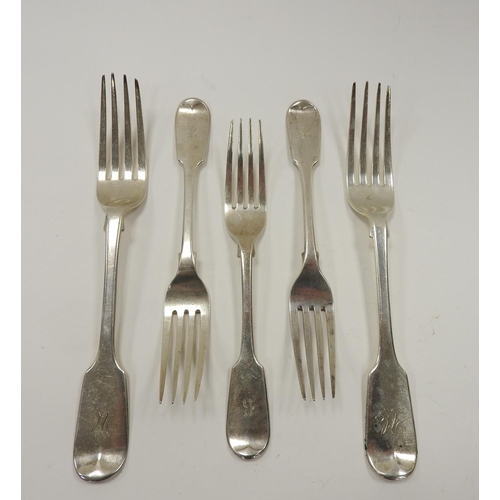 239 - Pair of Victorian silver fiddle pattern table forks, London 1865, and three Victorian silver fiddle ... 