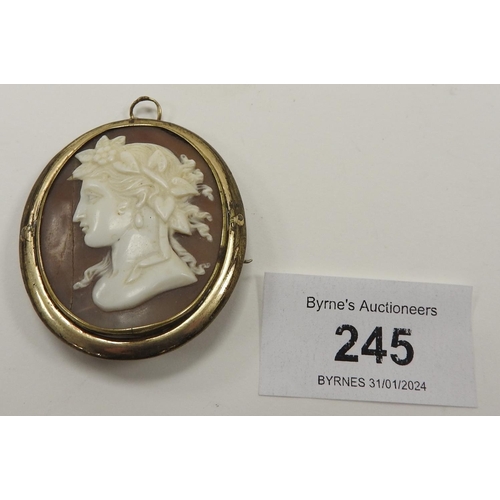 245 - Italian carved cameo brooch in gold plated mount, 45mm