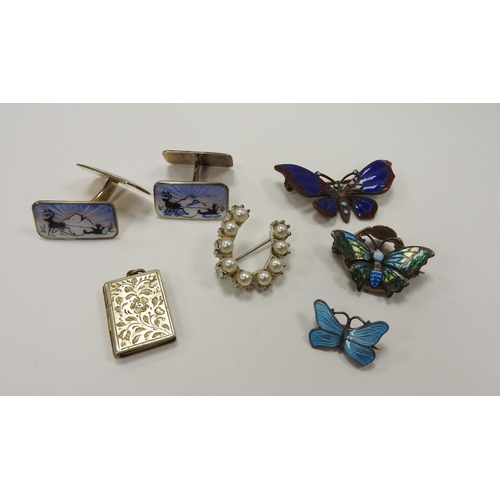 246 - Pair of Norwegian 'Norne' enamelled silver gilt cufflinks; also an Edwardian silver and enamelled bu... 