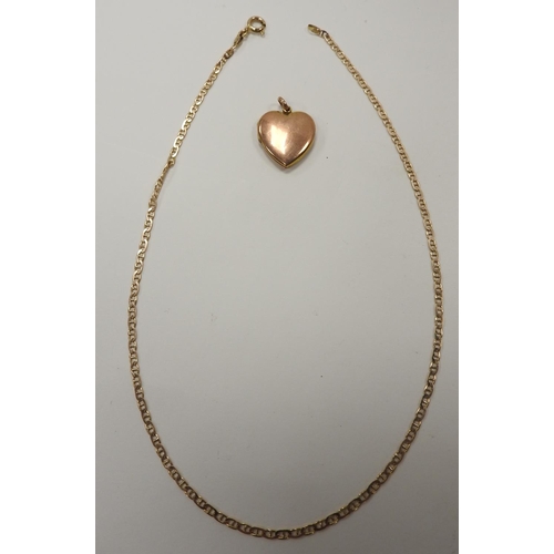 259 - 9ct gold anchor chain necklace, length 41cm, weight approx. 4.2g; also a 9ct gold heart shaped pictu... 