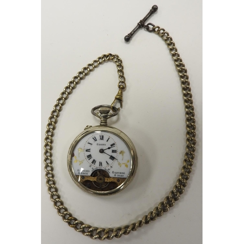 261 - Swiss eight day nickel cased pocket watch on a curb link watch chain