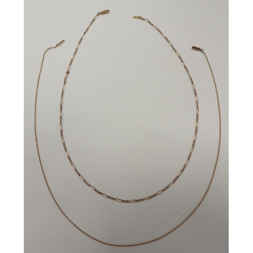 265 - 9ct gold Figaro chain necklace, length 44cm; also a 9ct gold fine chain link choker necklace, length... 