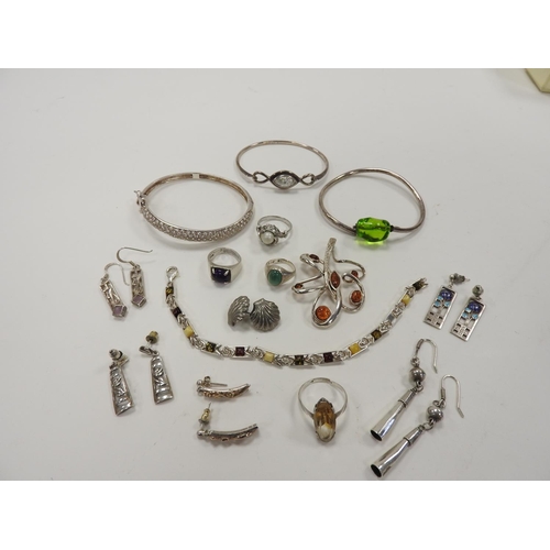 287 - Assorted modern silver jewellery including three bangles, amber open work pendant, Rennie MacIntosh ... 