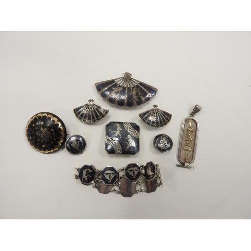 289 - Victorian gold and silver pique tortoiseshell circular brooch (with losses), Egyptian silver hierogl... 