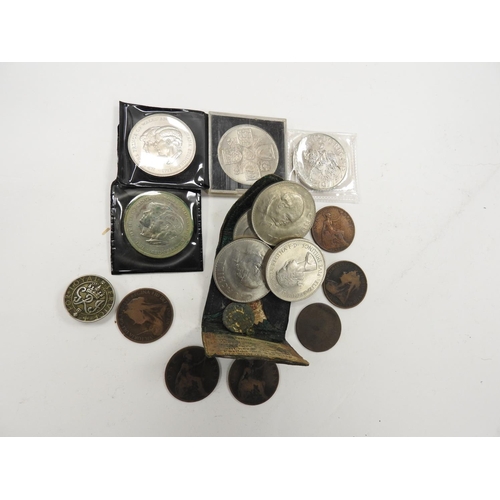 310 - Small number of British coins including commemorative Crowns, old pennies and a Loyal Service badge