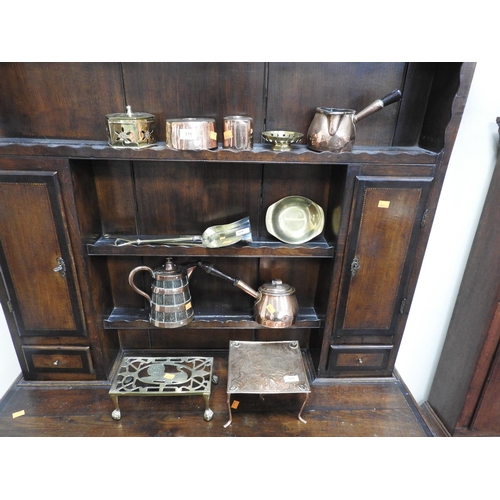 319 - Selection of Victorian and later copper and brass ware including a Victorian coopered jug, height 22... 