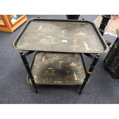 322 - Chinoiserie gilt and black painted metal two tier dumb waiter, trays 63cm x 49cm