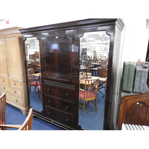 469 - Edwardian mahogany press wardrobe with double mirrored drawers, width 192cm, height 200cm