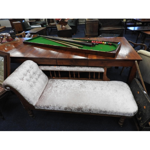 524 - Victorian rail back chaise longue, reupholstered, 163cm