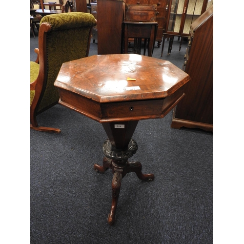 527 - Victorian burr walnut trumpet sewing table (top insecure)