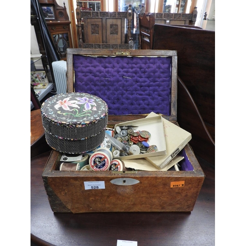 528 - Victorian burr maple sewing box with assorted contents