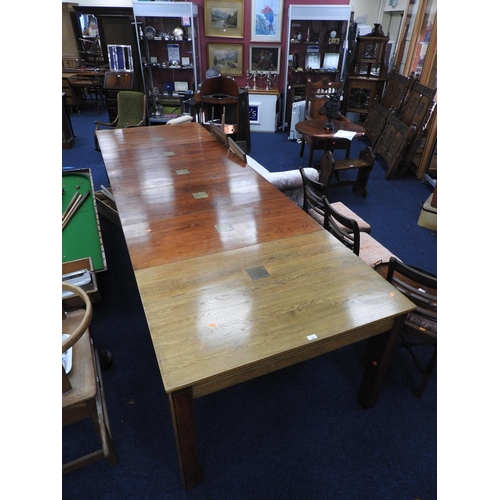 540 - Large oak extending dining table of Far Eastern origin with scripted brass inlays, when extended app... 