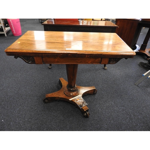 544 - William IV rosewood folding swivel top pedestal card table, circa 1835, width 91cm