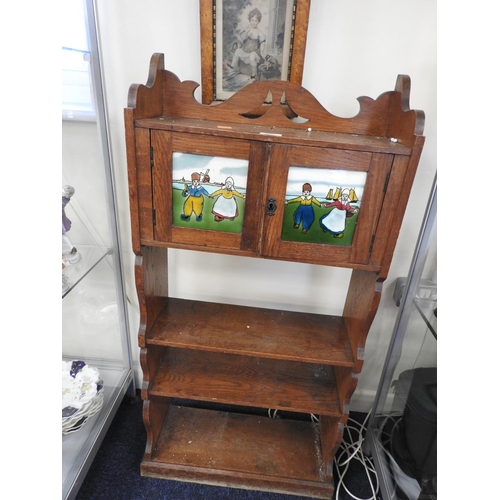 547 - Arts & Crafts period oak nursery open bookcase inset with Dutch tiles, width 51cm, height 106cm