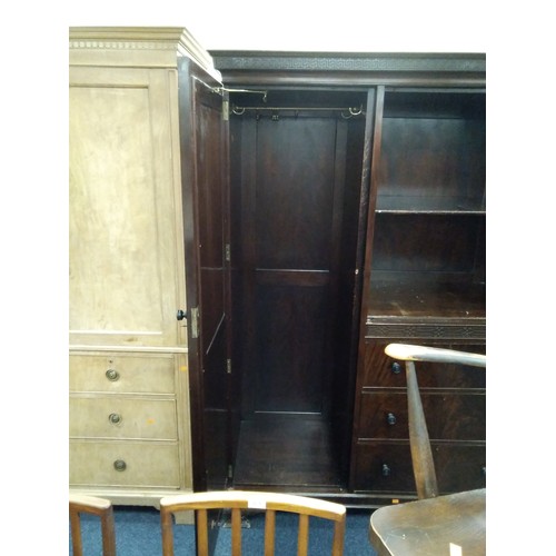 469 - Edwardian mahogany press wardrobe with double mirrored drawers, width 192cm, height 200cm