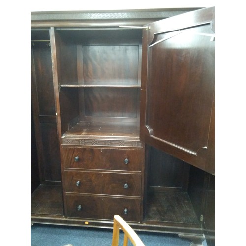 469 - Edwardian mahogany press wardrobe with double mirrored drawers, width 192cm, height 200cm