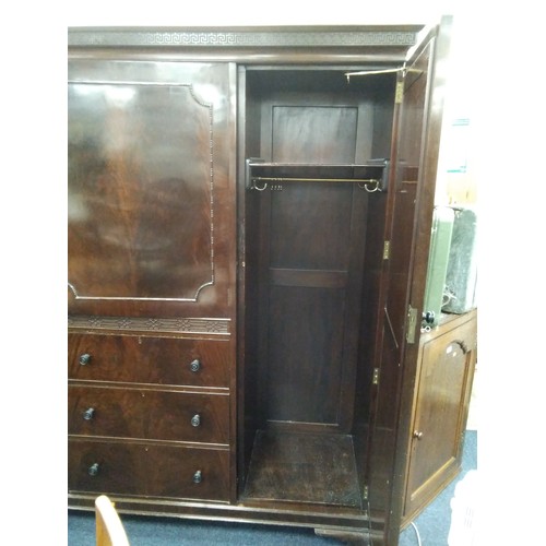 469 - Edwardian mahogany press wardrobe with double mirrored drawers, width 192cm, height 200cm