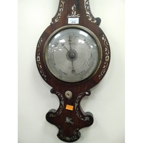 474 - Victorian rosewood and mother-of-pearl inlaid wheel barometer by Fraser of Wrexham