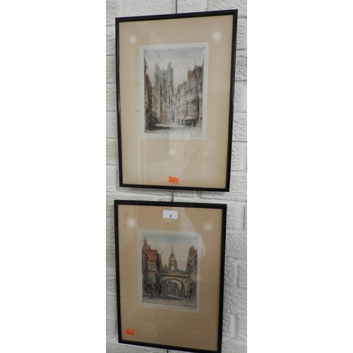 2 - Pair of signed coloured drypoint etchings of Chester landmarks