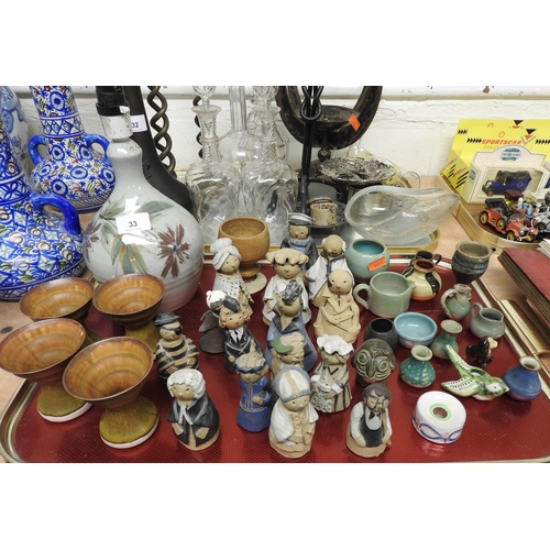 33 - Assortment of Art Pottery figures and other Art and Studio Pottery including a table lamp (1 tray)