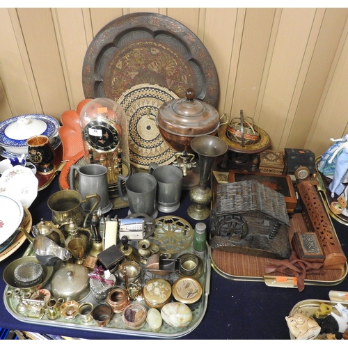 62 - Assorted metalware and treen including ornamental brassware, copper samovar, Swiss carved wooden jew... 