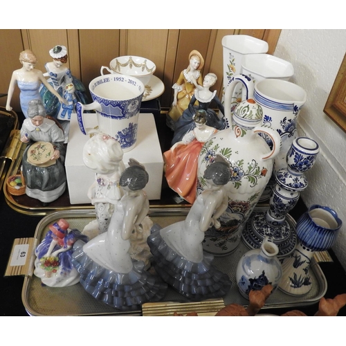 63 - Assorted china figures including Royal Doulton, and Nao (boxed), also a pair of Aynsley china vases ... 