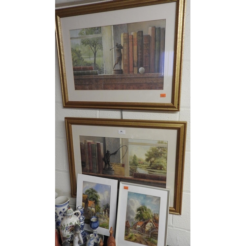 64 - Pair of watercolours featuring tranquil village scenes (unsigned), also a pair of vintage golf and f... 