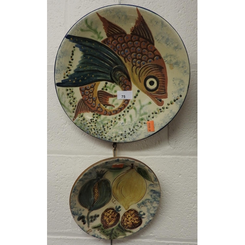 75 - Two continental decorated plates featuring fish and fruits