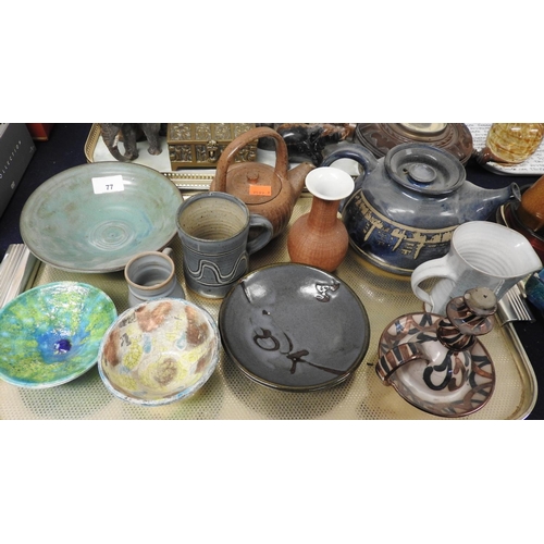 77 - Assorted Art Pottery including chamber stick in the style of Caiger Smith