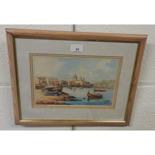 81 - Galea, Maltese coastal town, watercolour, signed and dated 1975