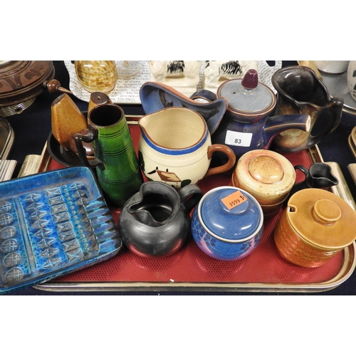 83 - Decorative pottery including Italian retro blue glazed ashtray, Torquay milk jug etc