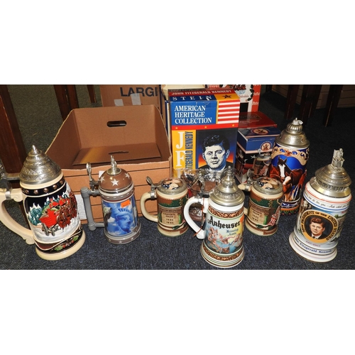 112 - Collectors' steins including JFK stein, boxed, and a full parade dress draught horse figurine, boxed