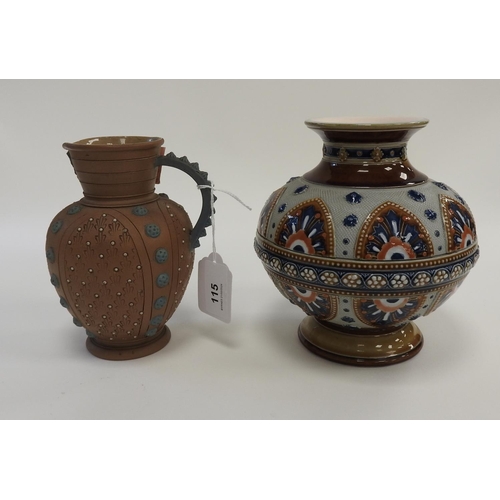 115 - Mettlach glazed baluster vase, 15.5cm, also a Royal Doulton silicon ware mask jug (2)