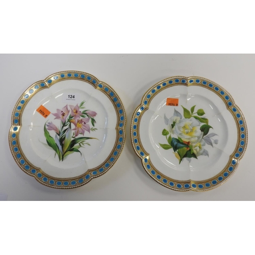 124 - Pair of hand decorated botanical cabinet plates, 34cm diameter